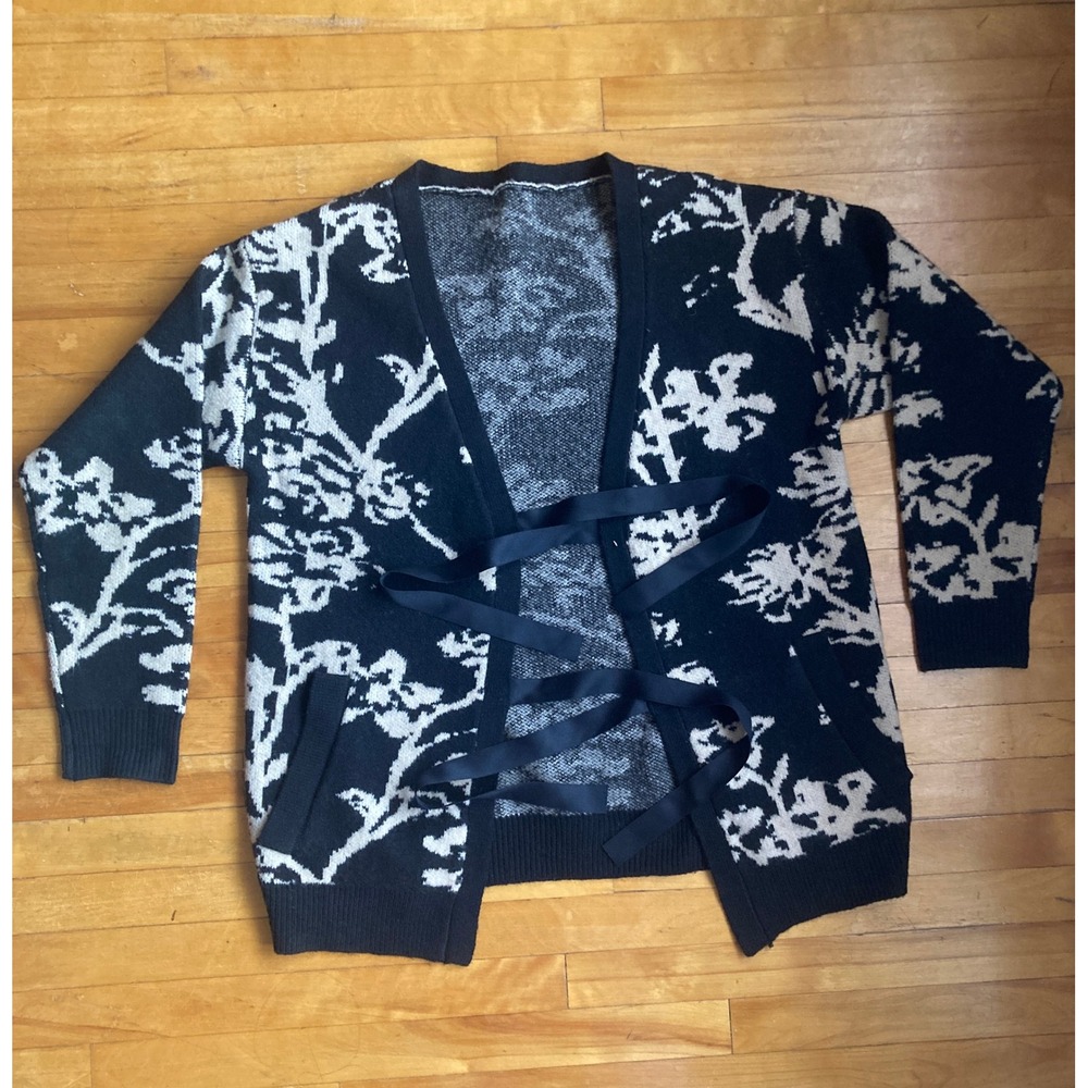 JOELLE Black White Floral Jacquard Knit Cardigan Ribbon Tie Front Pocket Sweater